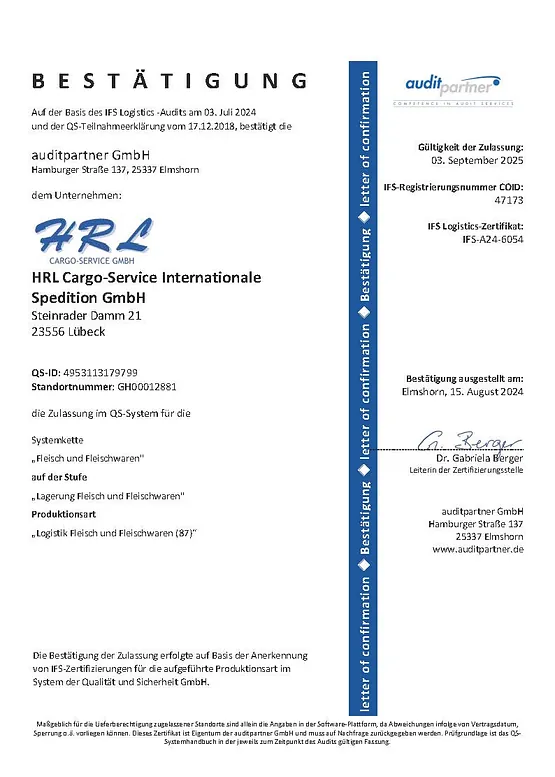 HRL Cargo-Service GmbH, Gesellschaft, Tiefkühllagerung, Qualität, Technik, Erfolg, Mitarbeiter, Leistung, kompetent, Kühllagerung, Schwerpunkt, Tradition, Lebensmittelzulieferindustrie, Ware, Lebensmitte, Lübeck, Logistik, Steinrader Damm 21, auditpartner